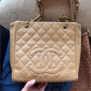 CHANEL Beige Quilted Tote with Gold Chain Straps